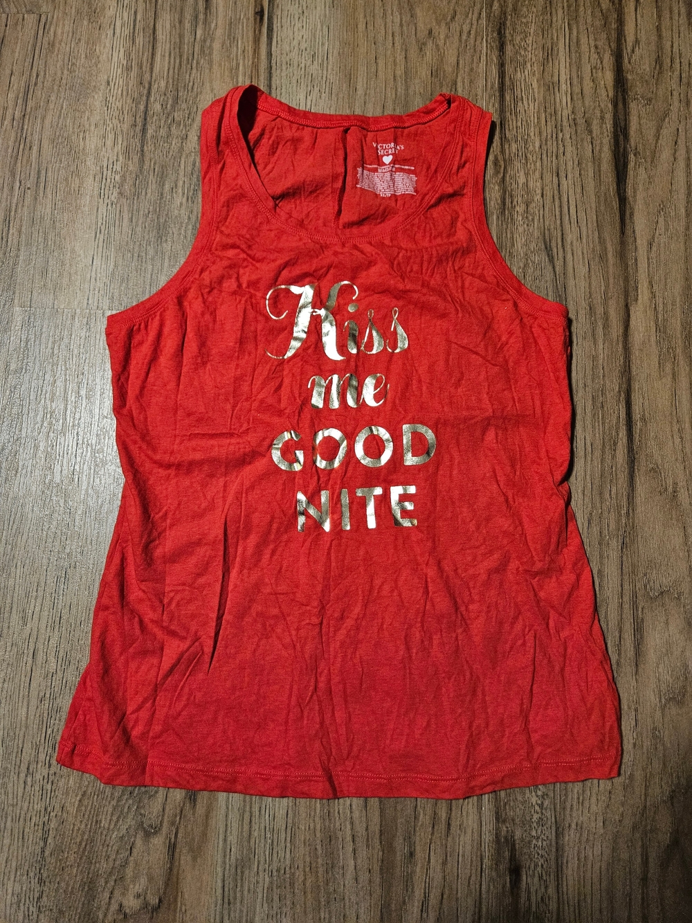 Victoria's Secret Red Sleep Tank with Metallic Gold 'Kiss Me Good Nite' Graphic